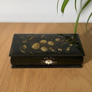 Vintage Russian Small Black Lacquer Trinket Box Gold Flowers Signed by Artist